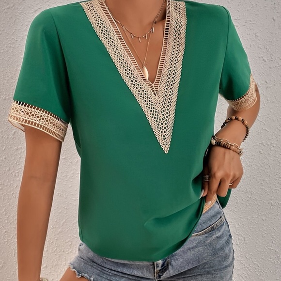 Bohemian Royal Blue V neck Lace Solid Minimalist Blouse - Picture 10 of 13